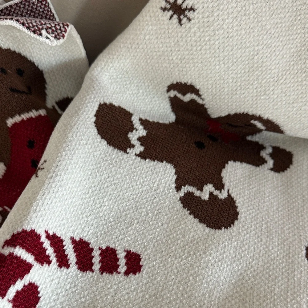 Jingles & Joy Holiday Gingerbread Chenille Throw Ivory Brown Candy Cane NEW!
